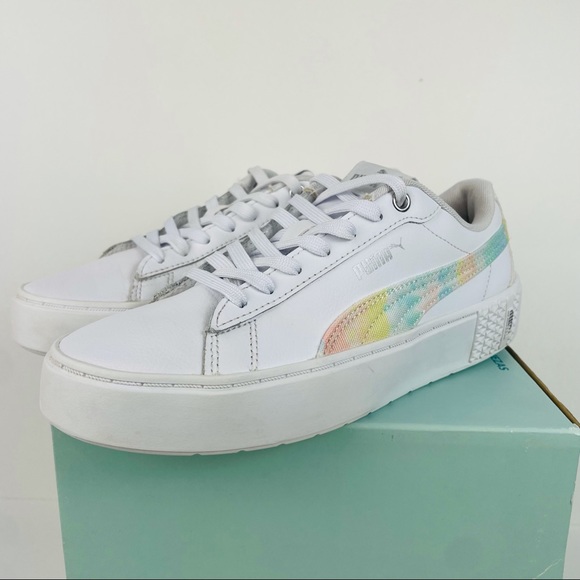 Puma Smash Platform V2 White Tie-Dye Logo Sneakers 383922-01 Women’s Size 7.5 - Picture 2 of 10